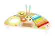 The Multifunctional Music Percussion Tabletop with various instruments and sound makers, including a glockenspiel, high-hat, drum, ratchet, and cogs, accompanied by two drumsticks. The tabletop is designed for children and features child-friendly graphics.