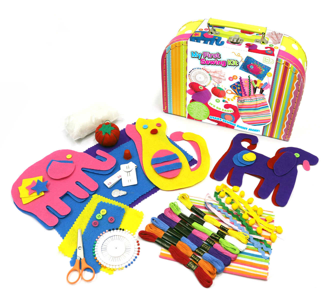 Featuring the My First Sewing Kit with various colourful pre-cut felt pieces, scissors, pins, and other sewing accessories, displayed in front of a pink and yellow carrying case.