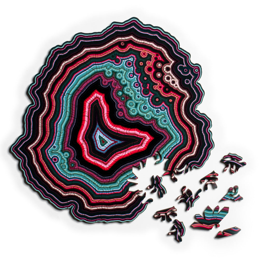 Mystic Hues Algorithmic Agate Jigsaw Puzzle geode with unique pieces on a white background