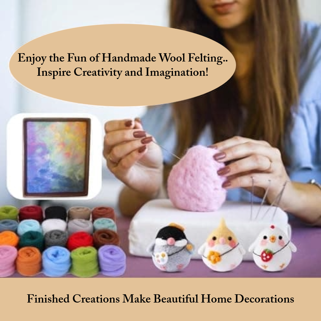 Person engaging in wool felting with colourful yarn and felted creations, text promoting creativity and imagination.