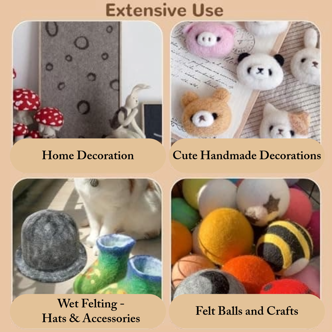 Collage of felt products including hats, accessories, and crafts with text labels on a beige background.