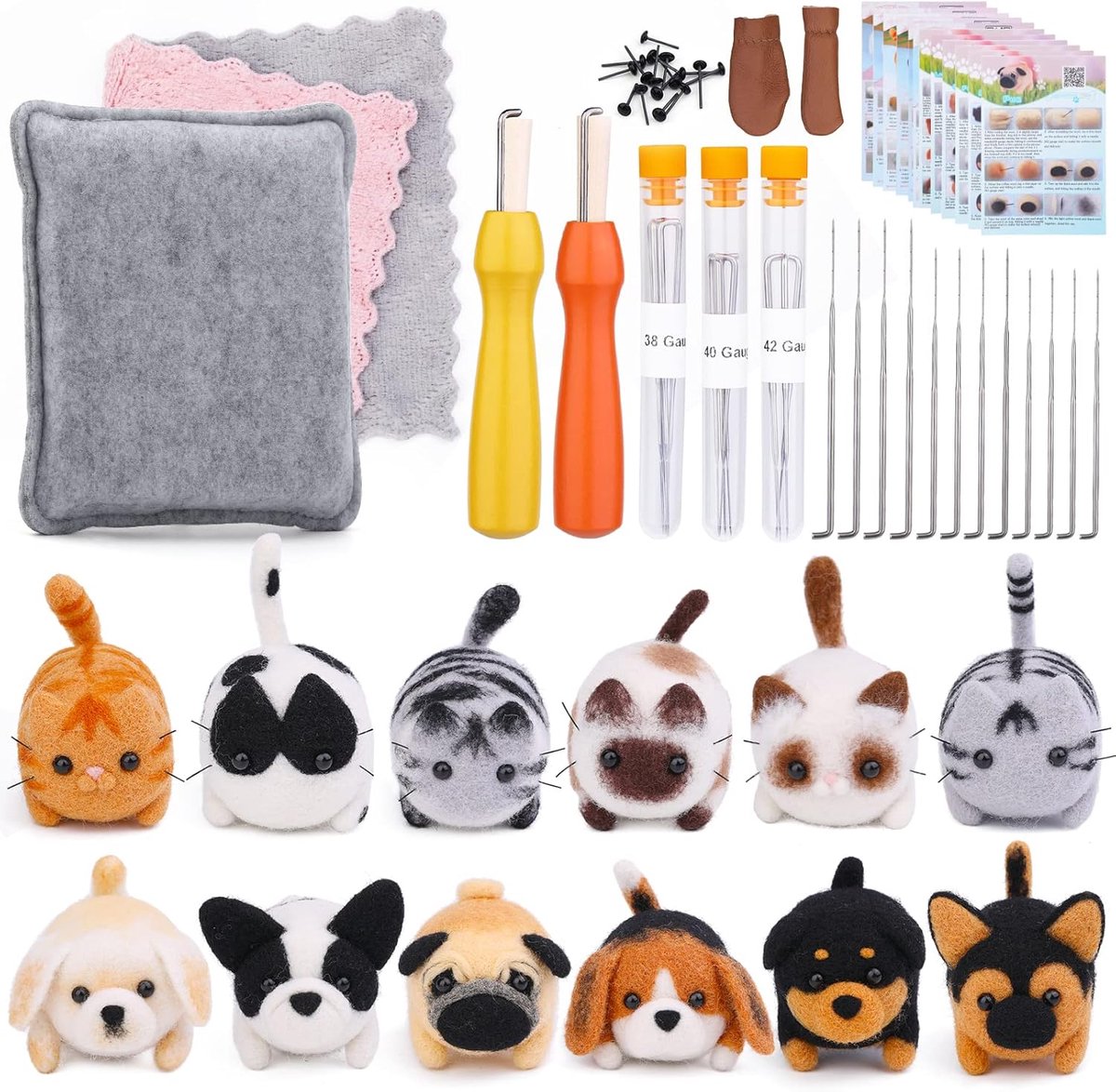 The Needle Felting Kit for Beginners – 45-Piece DIY Animal Craft Set with Wool, Tools & Accessories, featuring a collection of craft supplies including felt animals, tools, and materials on a white background