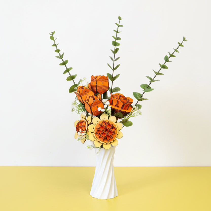 The Orange DIY 3D Wooden Flower Bouquet Puzzle Set with Vase – Creative Craft Kit for Kids & Adults featuring a white vase with orange and yellow flowers on a neutral background