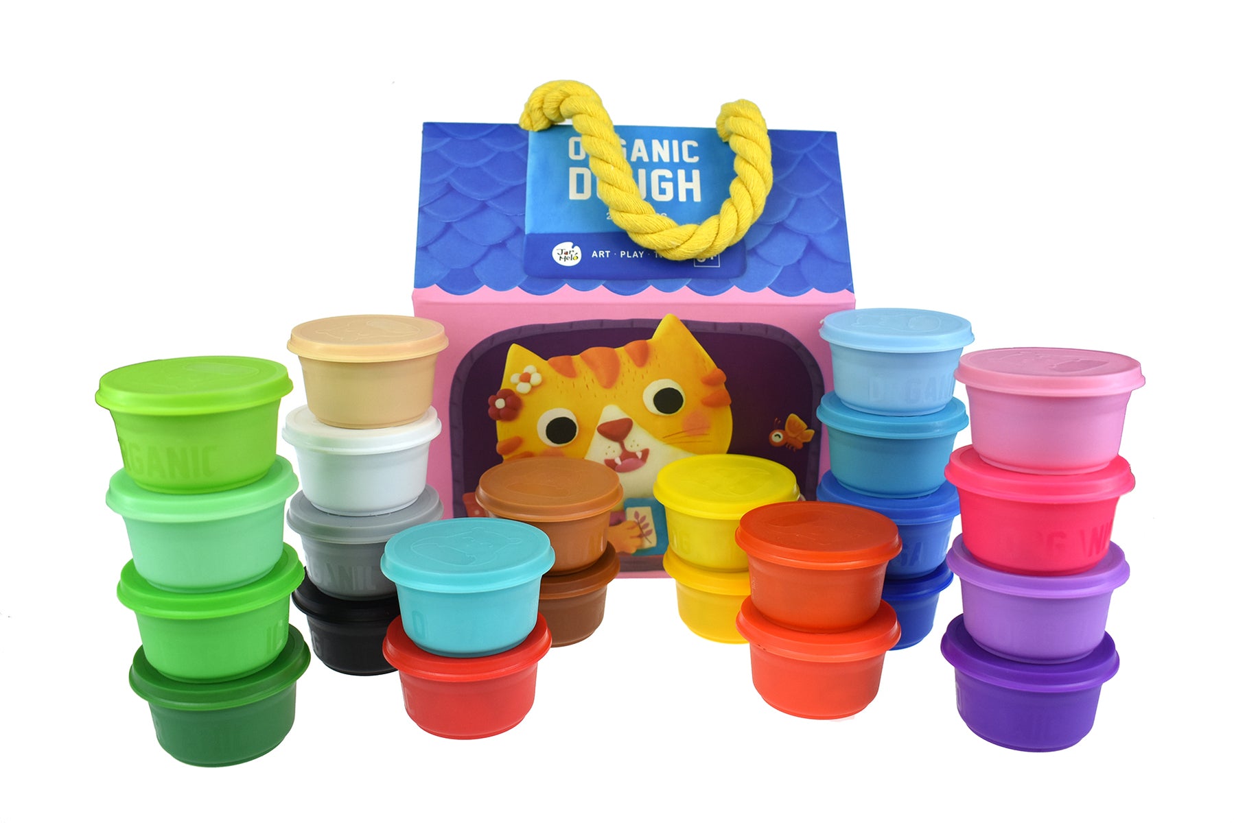 Organic Dough - 24 Colours Craft Kit, a variety of colourful plastic tubs of organic dough in different colours, displayed in front of a packaging box with a cat design.