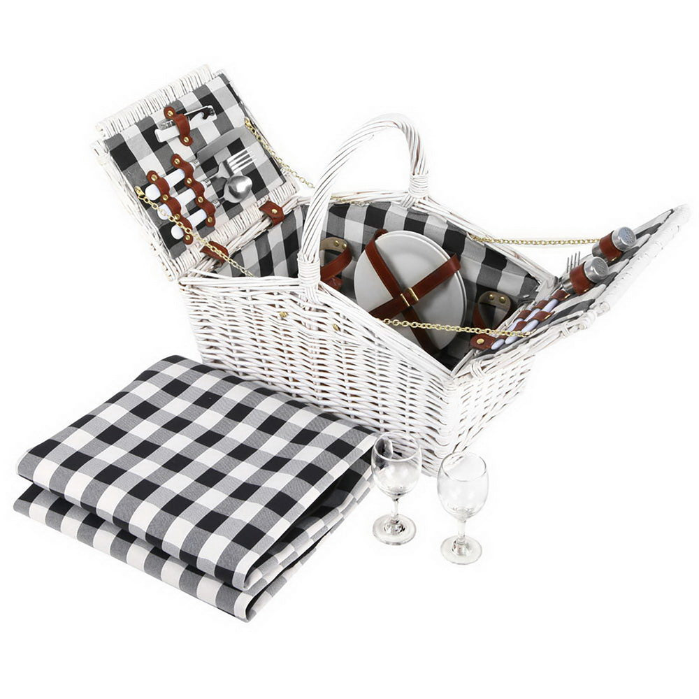 Alfresco 2 Person Picnic Basket Set Willow with Blanket - Country Chic White