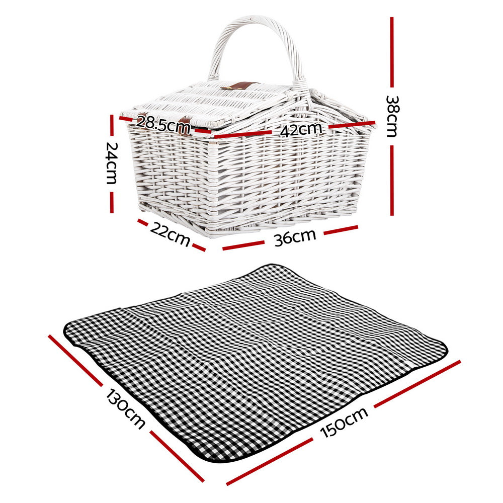 Alfresco 2 Person Picnic Basket Set Willow with Blanket - Country Chic White