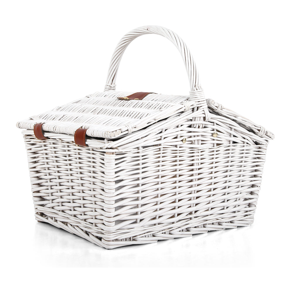 Alfresco 2 Person Picnic Basket Set Willow with Blanket - Country Chic White