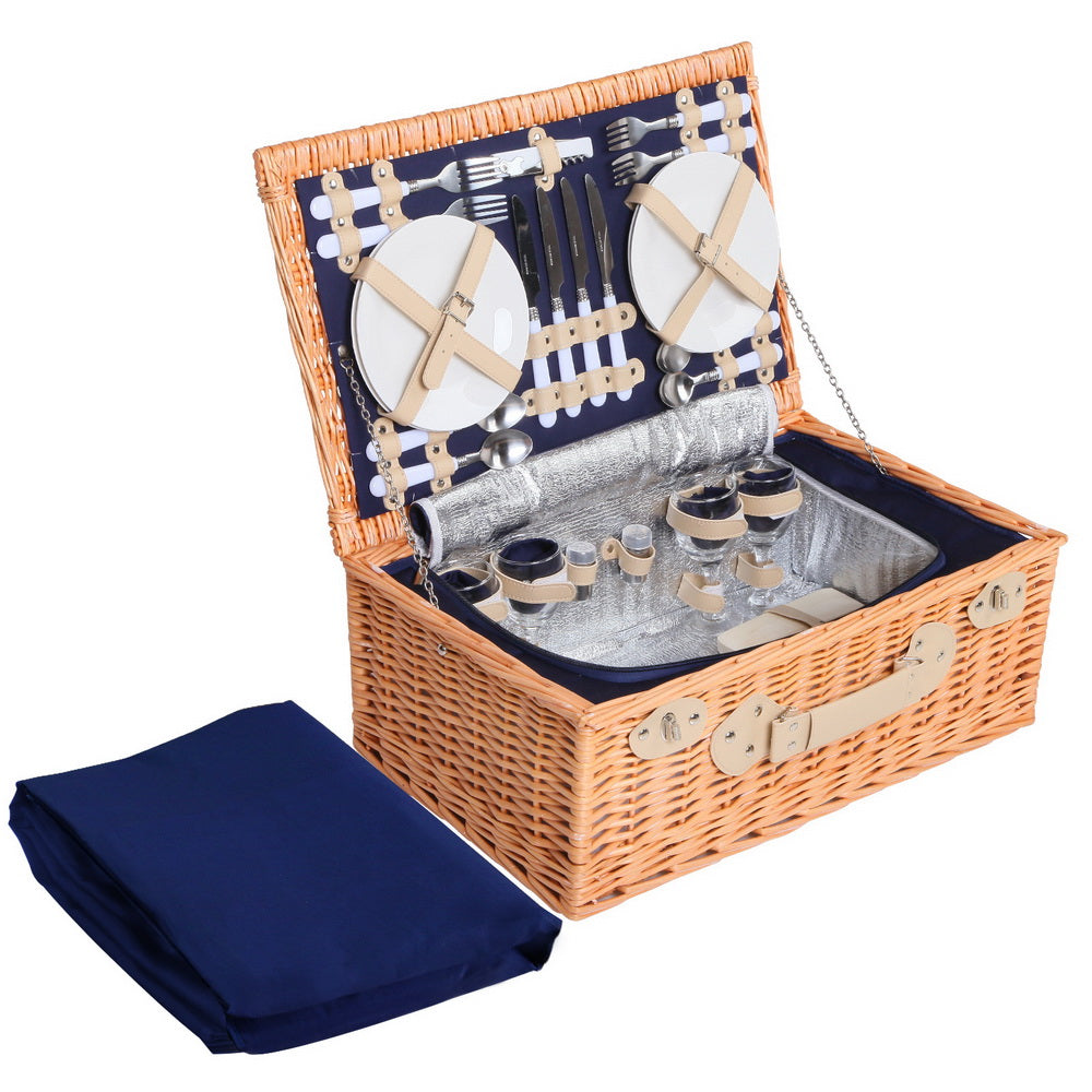 Alfresco 4 Person Picnic Basket Set Willow with Blanket and Insulated Bag - Navy Blue
