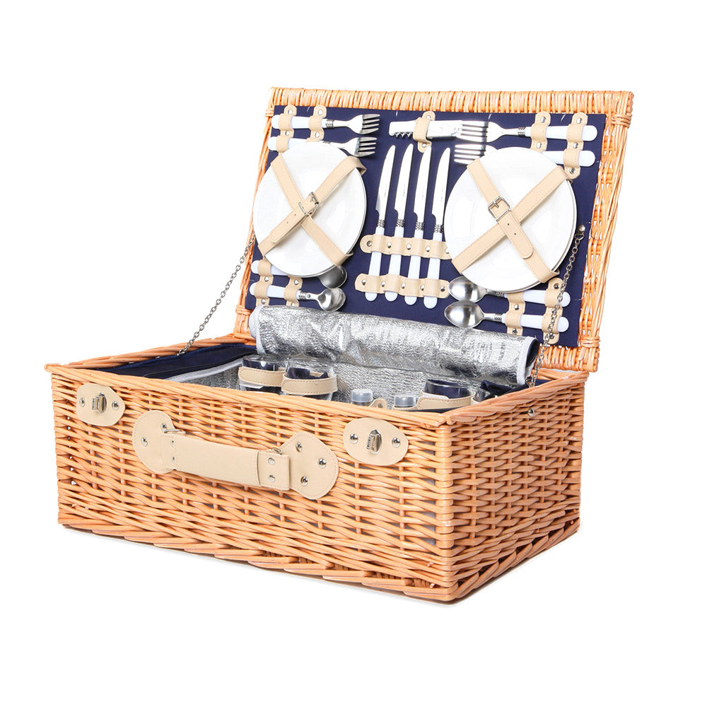 Alfresco 4 Person Picnic Basket Set Willow with Blanket and Insulated Bag - Navy Blue
