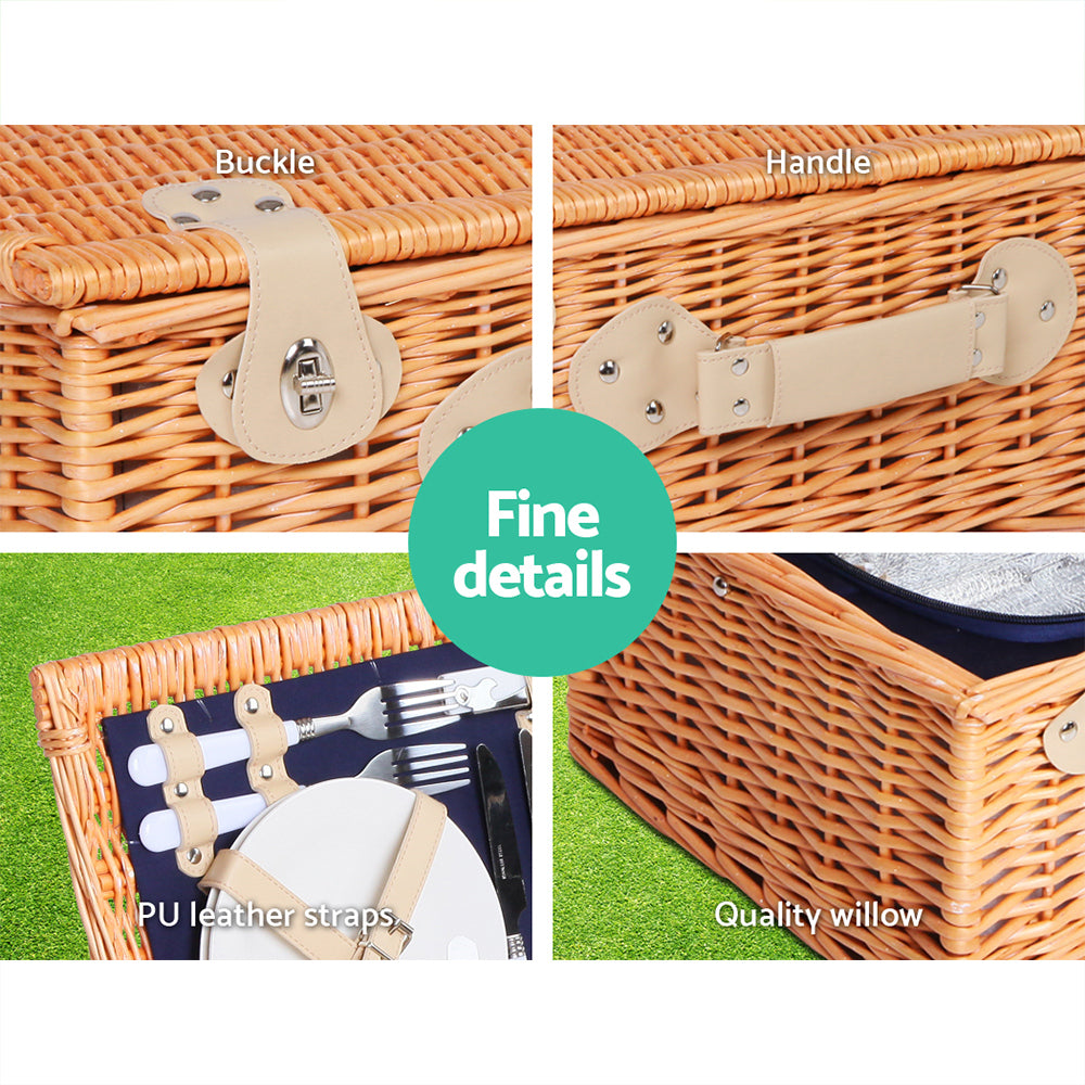 Alfresco 4 Person Picnic Basket Set Willow with Blanket and Insulated Bag - Navy Blue