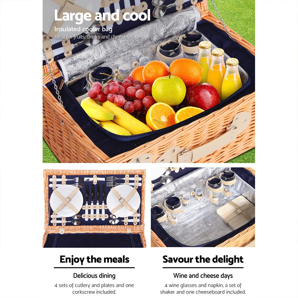 Alfresco 4 Person Picnic Basket Set Willow with Blanket and Insulated Bag - Navy Blue