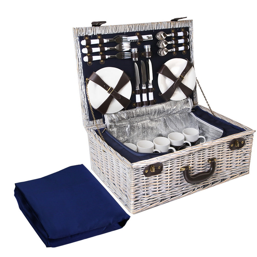 Alfresco 6 Person Picnic Basket Set Willow with Blanket and Insulated Bag - Navy Blue