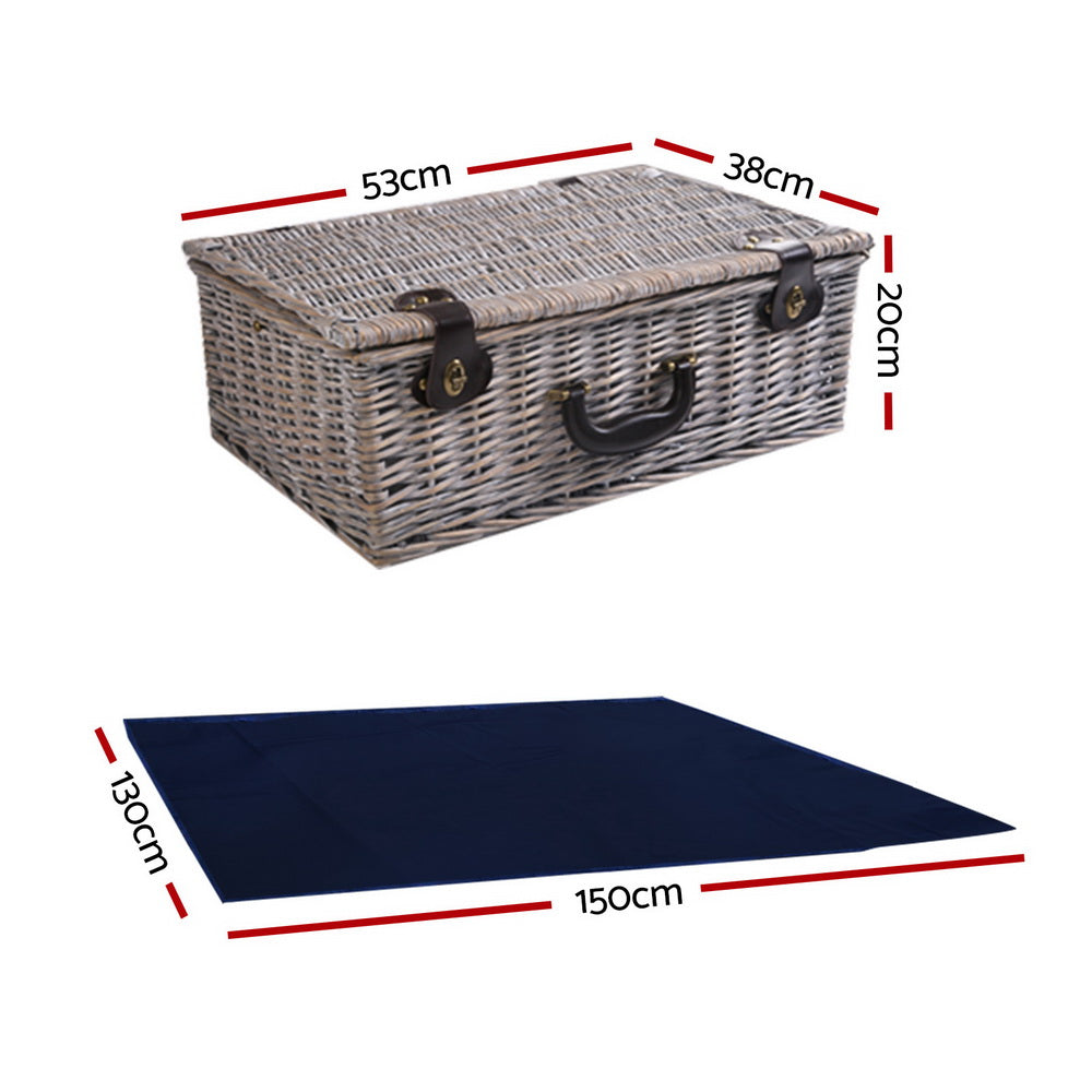 Alfresco 6 Person Picnic Basket Set Willow with Blanket and Insulated Bag - Navy Blue