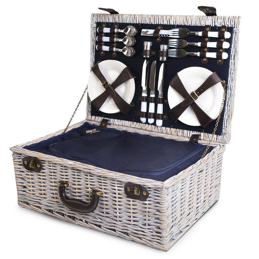 Alfresco 6 Person Picnic Basket Set Willow with Blanket and Insulated Bag - Navy Blue