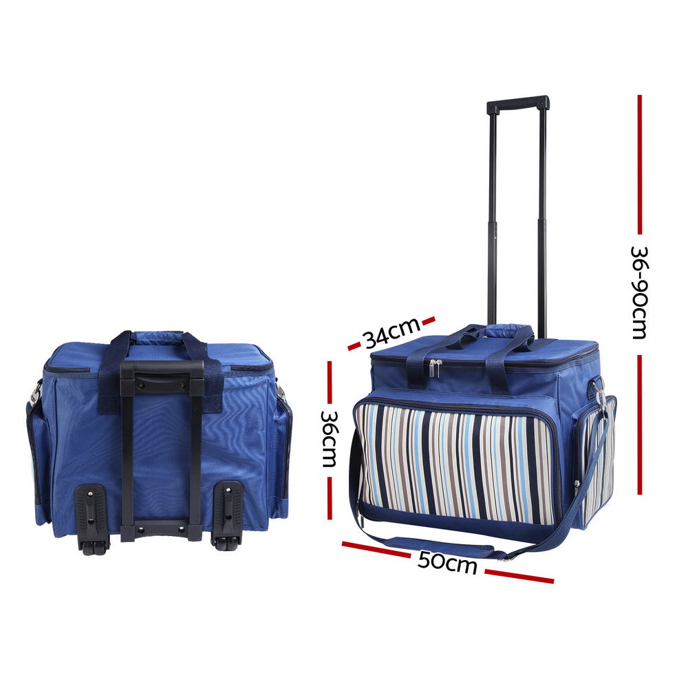 Alfresco 6 Person Picnic Basket Set Insulated Bag with Trolley - Blue