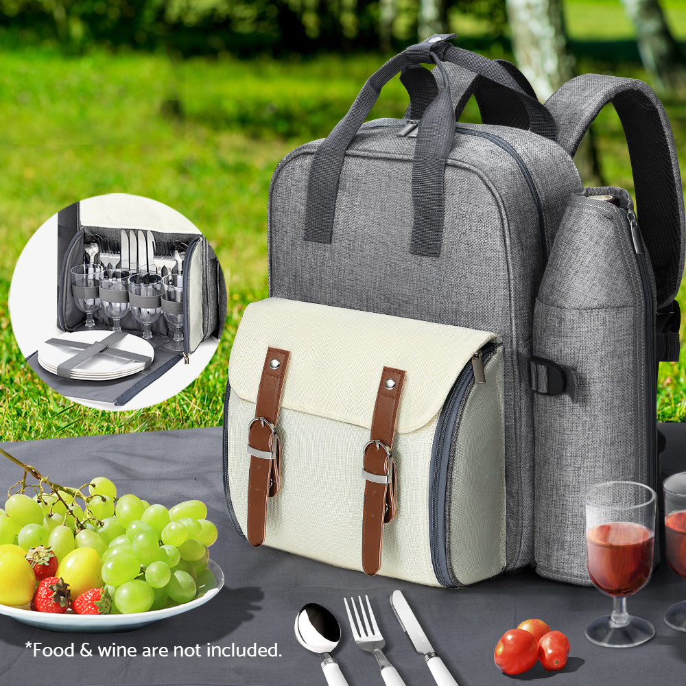 Alfresco 4 Person Picnic Backpack Set Insulated Bag - Grey