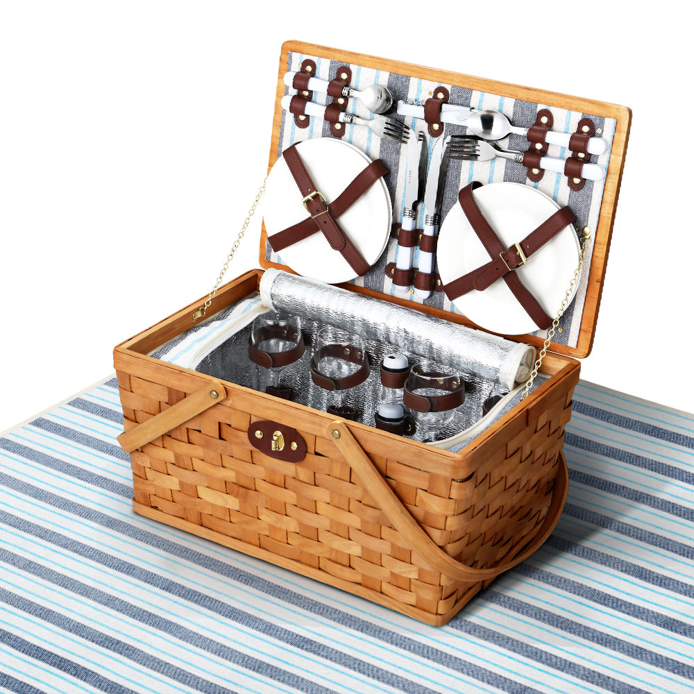 Alfresco 4 Person Picnic Basket Set Wooden Willow with Blanket and Insulated Bag - Striped Blue