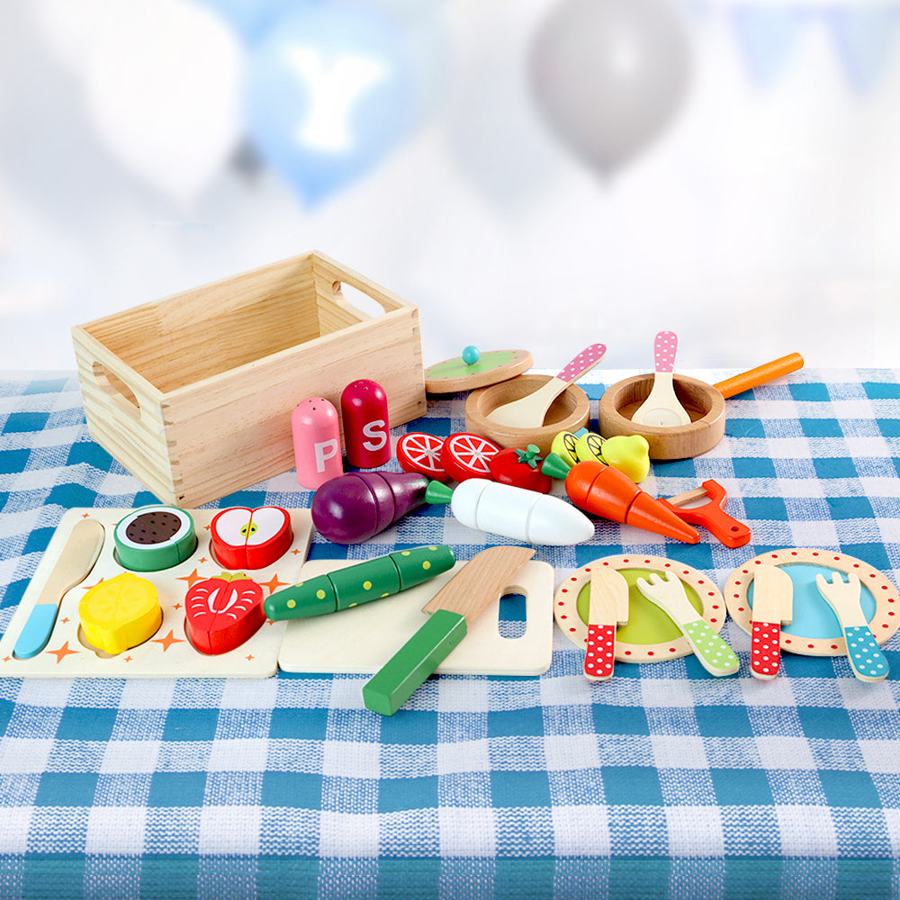 Keezi Kids Wooden Culinary Kitchenware Play Set with Vegetables and Fruit