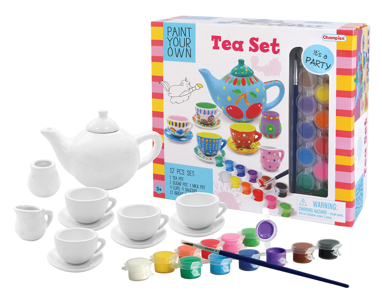 The PYO Tea Set Craft Kit, including a teapot, cups, saucer, and other accessories, with paint pots and a brush, packaged in a colourful box.