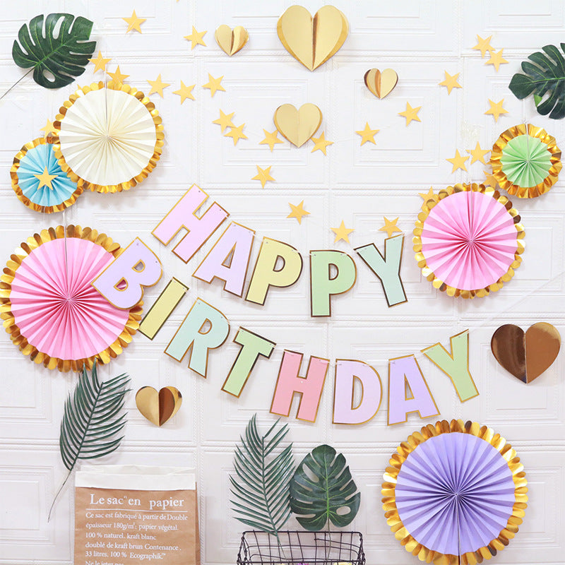 The Pastel Macaron Birthday Decorations Set – Happy Birthday Banner, Paper Fans, Heart & Star Garland Party Kit perfect for festive, and playful celebrations.
