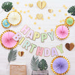 The Pastel Macaron Birthday Decorations Set – Happy Birthday Banner, Paper Fans, Heart & Star Garland Party Kit perfect for festive, and playful celebrations.