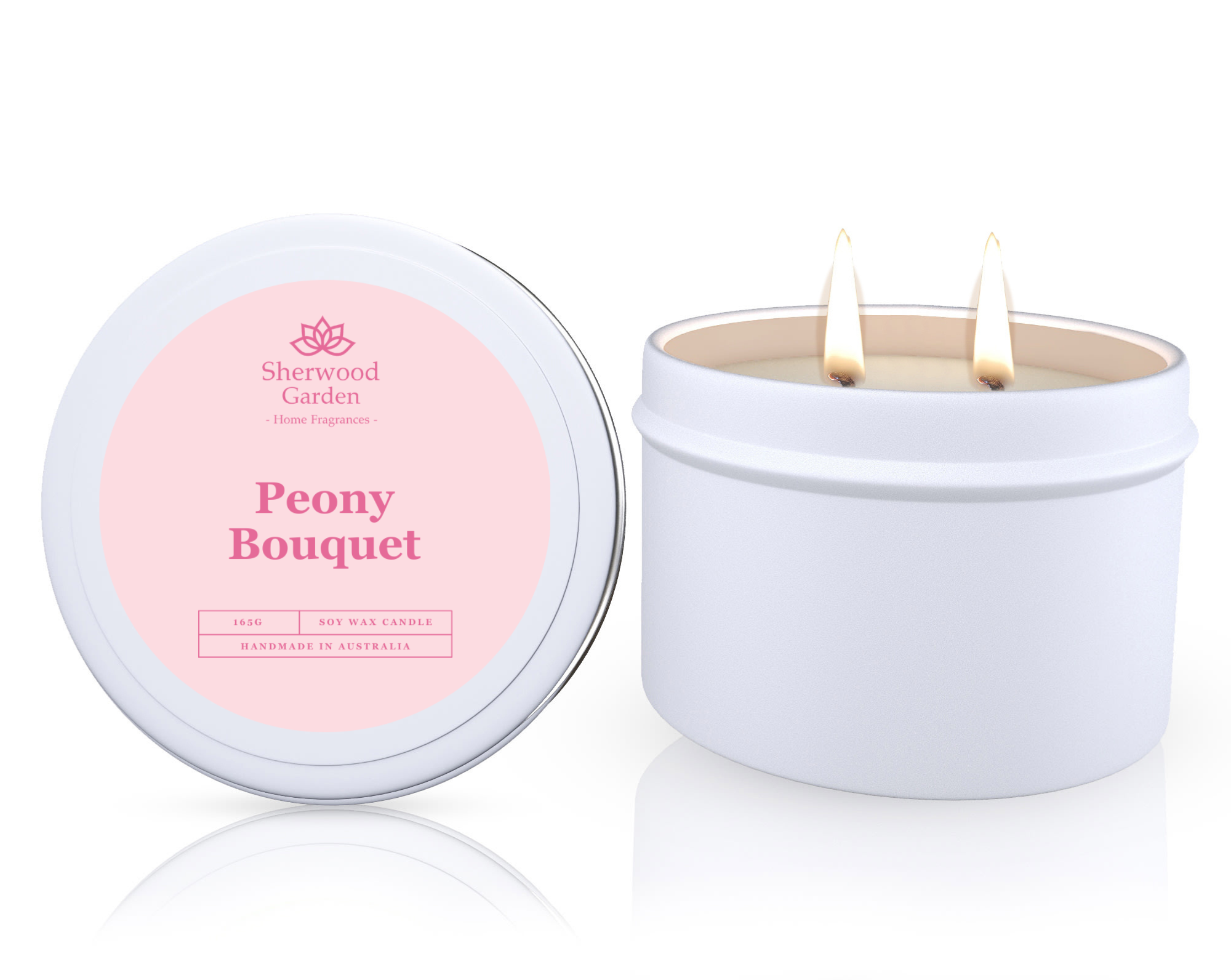 The Peony Bouquet Soy Candle Tin 165g, featuring a candle in a white tin labeled 'Peony Bouquet' by Sherwood Garden on a white background