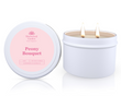 The Peony Bouquet Soy Candle Tin 165g, featuring a candle in a white tin labeled 'Peony Bouquet' by Sherwood Garden on a white background