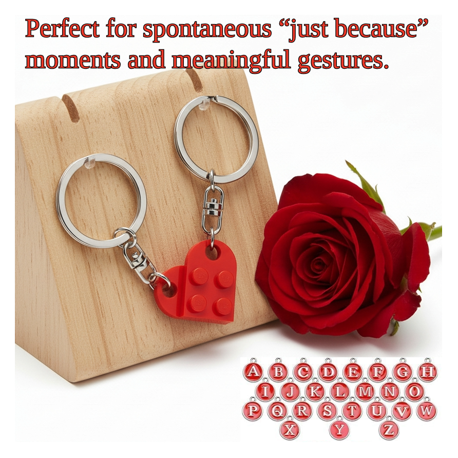 Personalised Initial Matching Heart Brick Keychain Set – Customisable Couples Gift with Interlocking Keyrings (A–Z Letters)