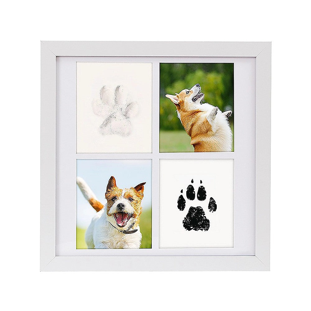 The Pet Paw Print Kit DIY Photo Frame for Dogs & Cats Keepsake, a white photo frame with four sections displaying photos of a dog and their paw prints.