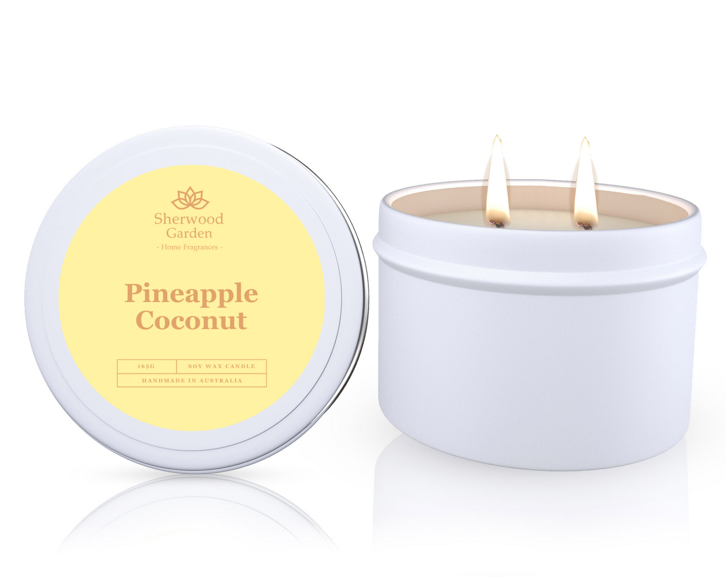 The Pineapple Coconut Soy Candle Tin 165g, featuring a candle in a white tin labeled 'Pineapple Coconut' by Sherwood Garden on a white background