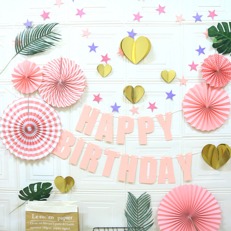 The Pink Birthday Decorations Set – Happy Birthday Banner, Paper Fans, Heart & Star Garland Party Kit for festive, playful celebrations.