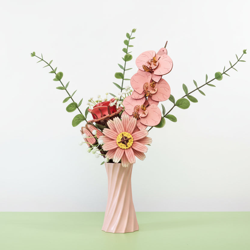 The Pink DIY 3D Wooden Flower Bouquet Puzzle Set with Vase – Creative Craft Kit for Kids & Adults featuring a pink vase with pink flowers against a neutral background