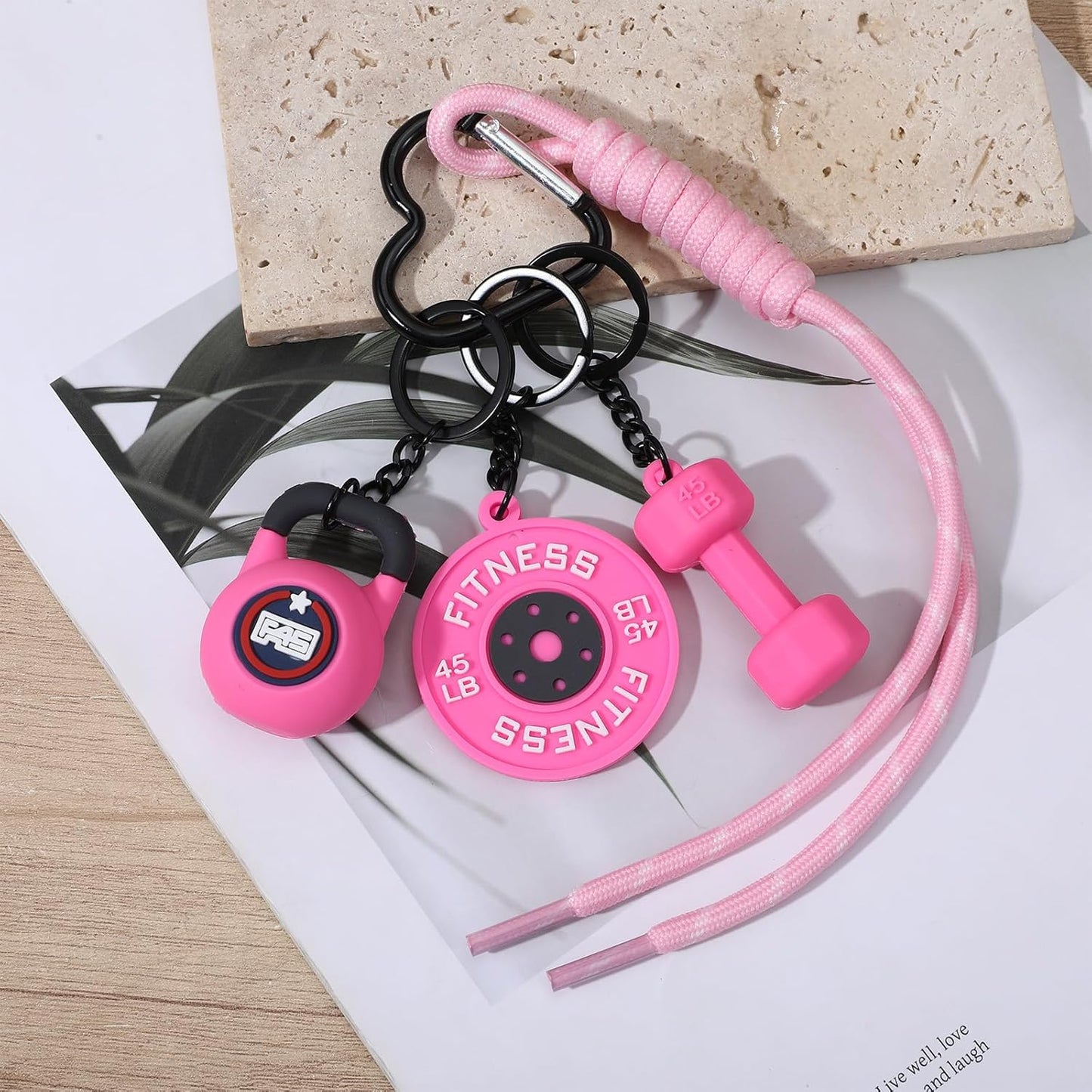 Fitness Keychain for Women – Pink Dumbbell & Kettlebell Gym Bag Charm with Heart Clip for Workout Motivation