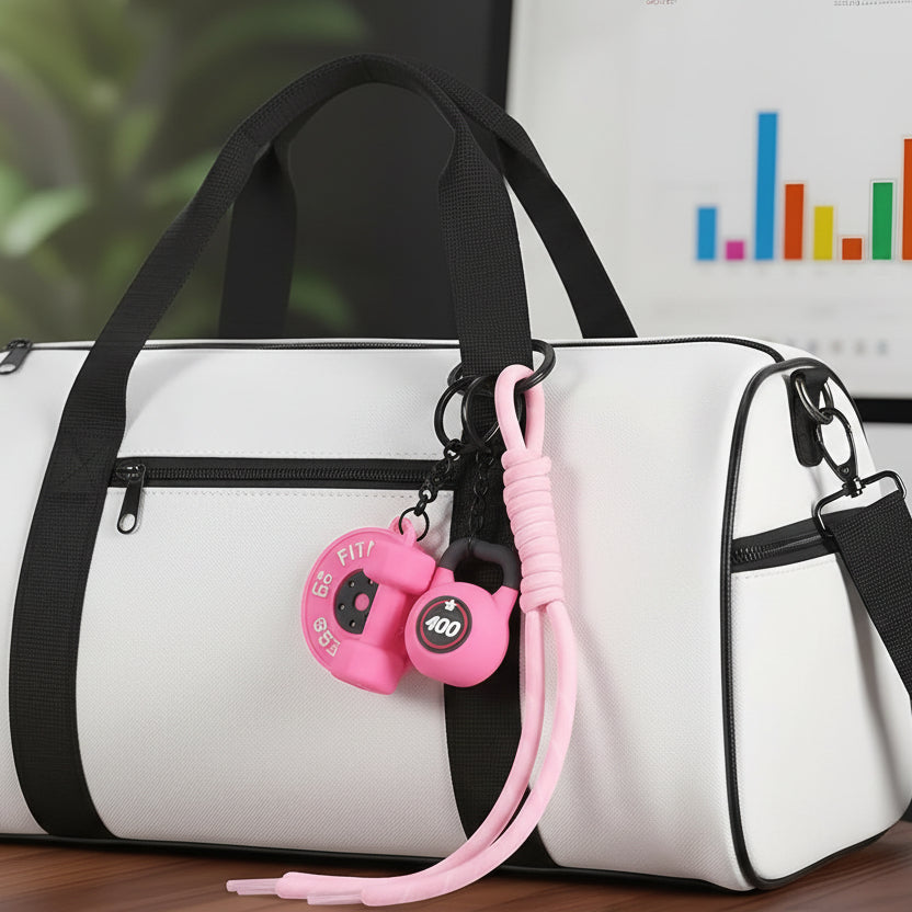 Fitness Keychain for Women – Pink Dumbbell & Kettlebell Gym Bag Charm with Heart Clip for Workout Motivation