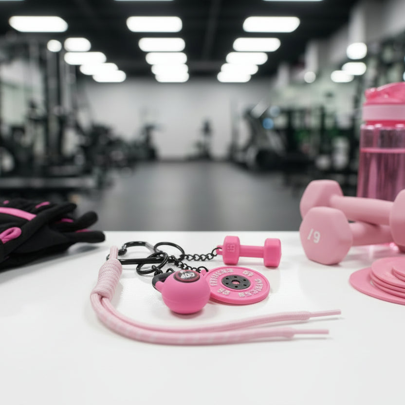 Fitness Keychain for Women – Pink Dumbbell & Kettlebell Gym Bag Charm with Heart Clip for Workout Motivation