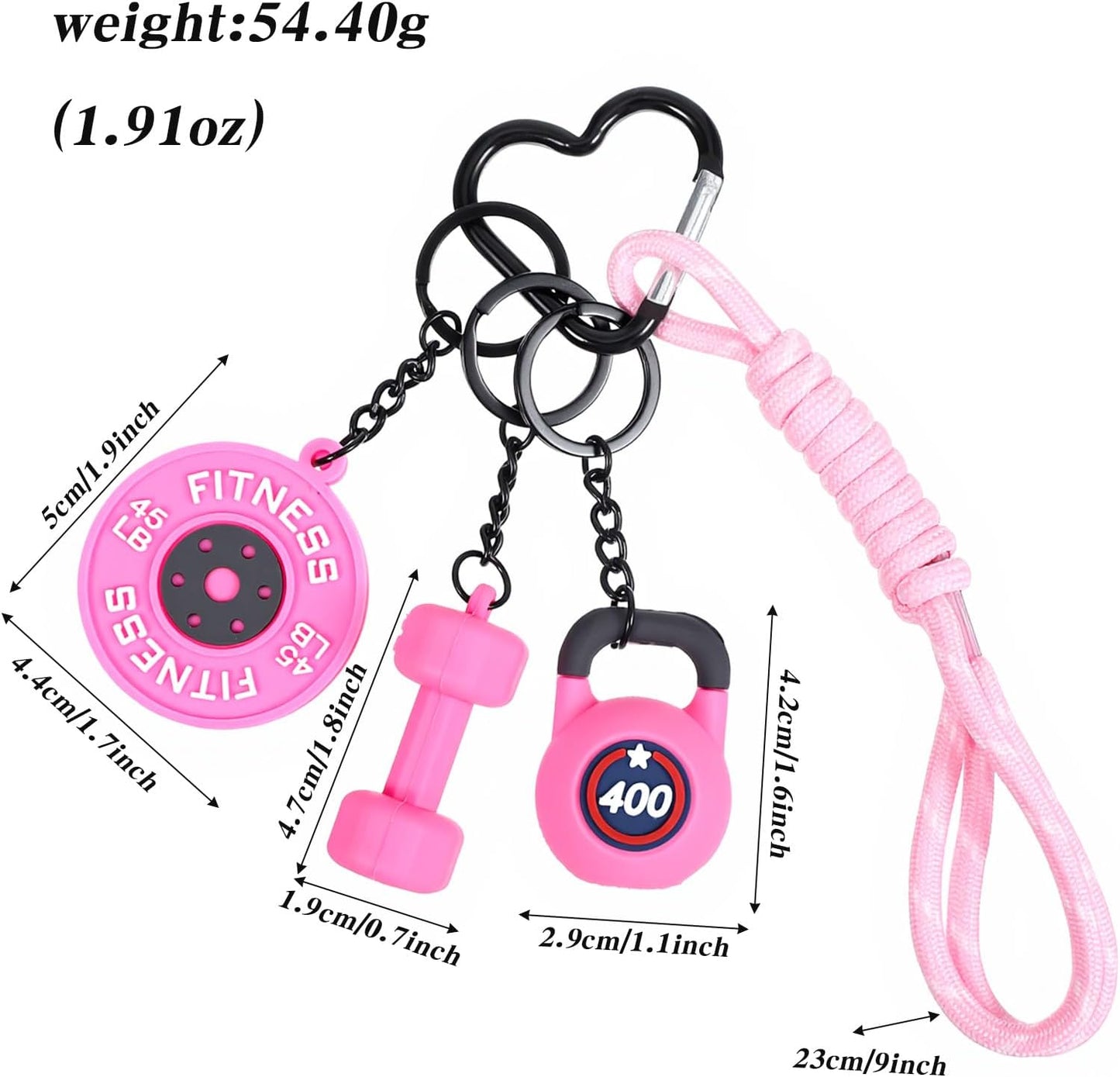 Fitness Keychain for Women – Pink Dumbbell & Kettlebell Gym Bag Charm with Heart Clip for Workout Motivation