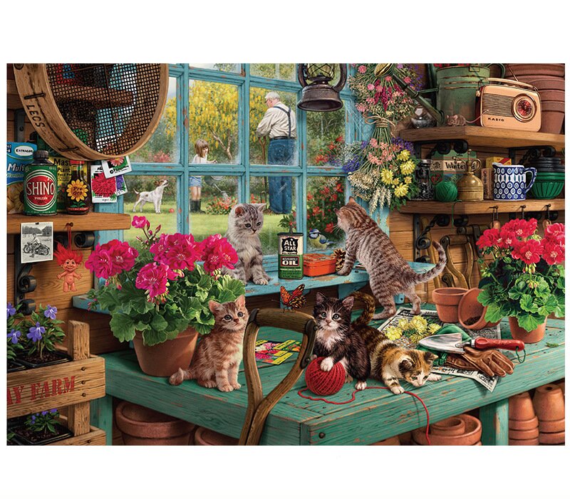 Playful Paws in the Potting Shed miniature jigsaw puzzle set in a gardening shed with cute kittens, pots, and flowers in bloom