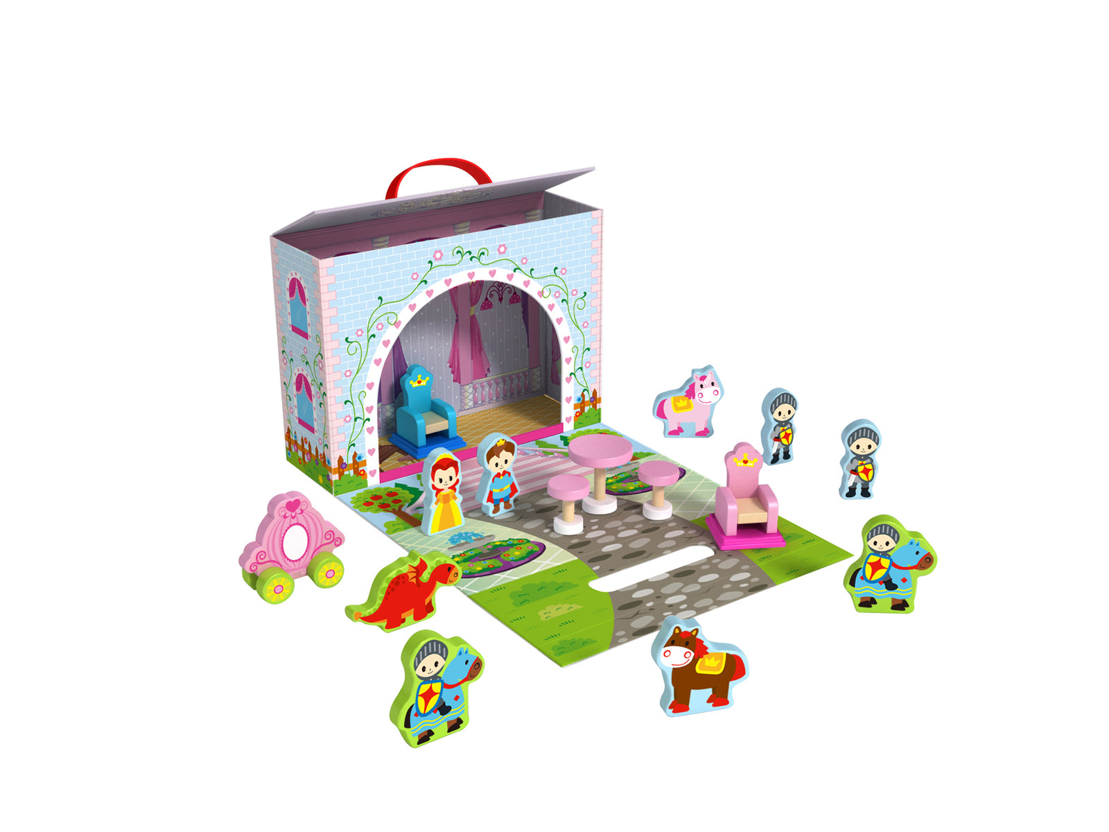 The Princess Story Box Play Set, a wooden and dense cardboard Play Set, including a castle as the box, a princess figure, a dragon figure, and various accessories like a carriage and knights.