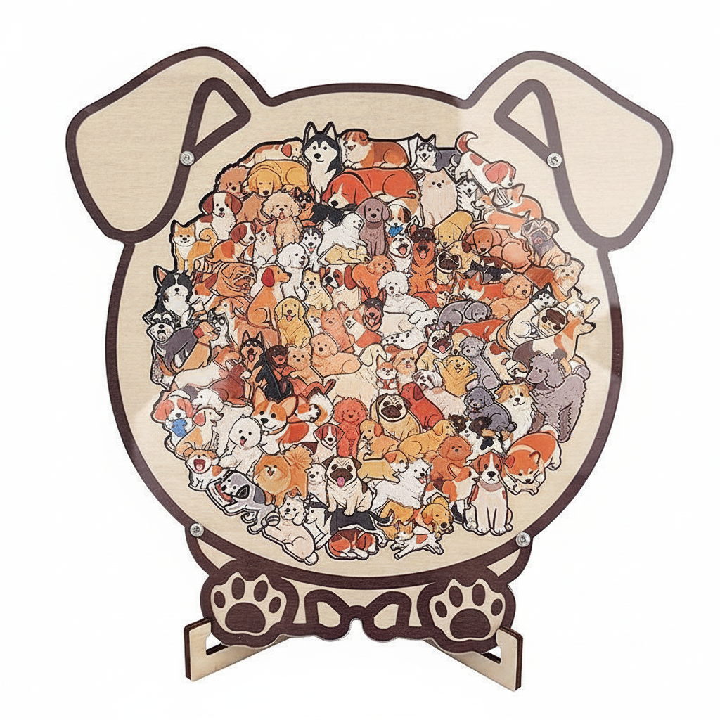 The Puppy-Shaped Wooden Puzzle with Stand – Cute Animal Jigsaw & Display Decor (Colourful)