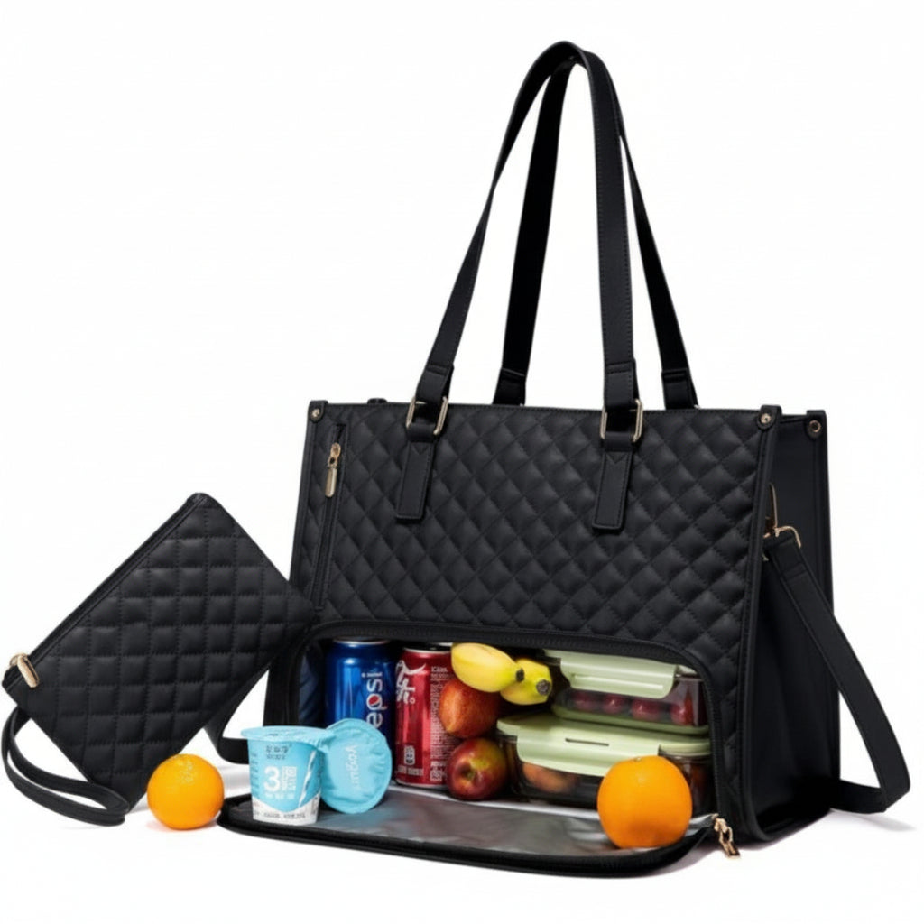 The Quilted Laptop & Lunch Tote Bag with Insulated Compartment & Clutch – Fits 15.6" Laptop, Water-Resistant Work & Travel Bag (Black)