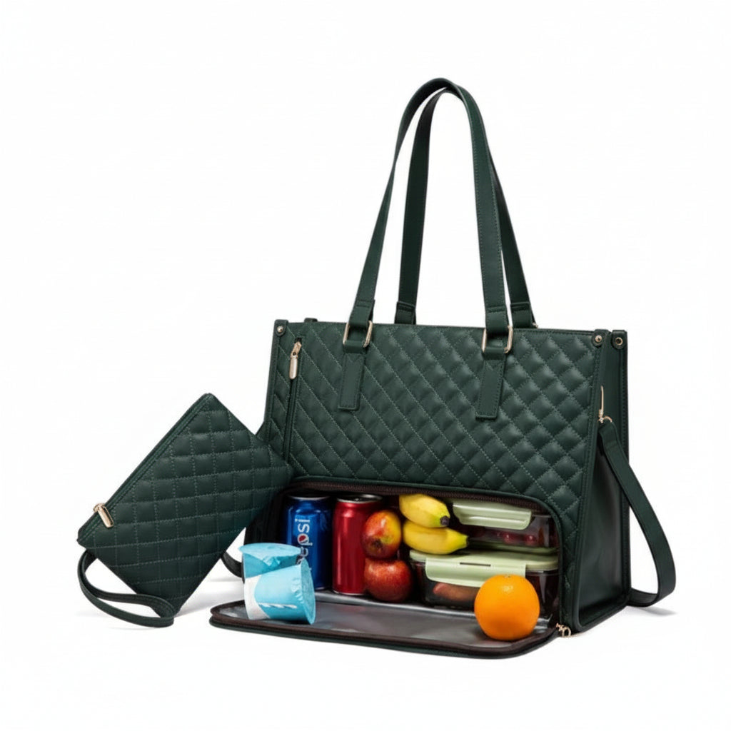 The Quilted Laptop & Lunch Tote Bag with Insulated Compartment & Clutch – Fits 15.6" Laptop, Water-Resistant Work & Travel Bag (Moss Green)
