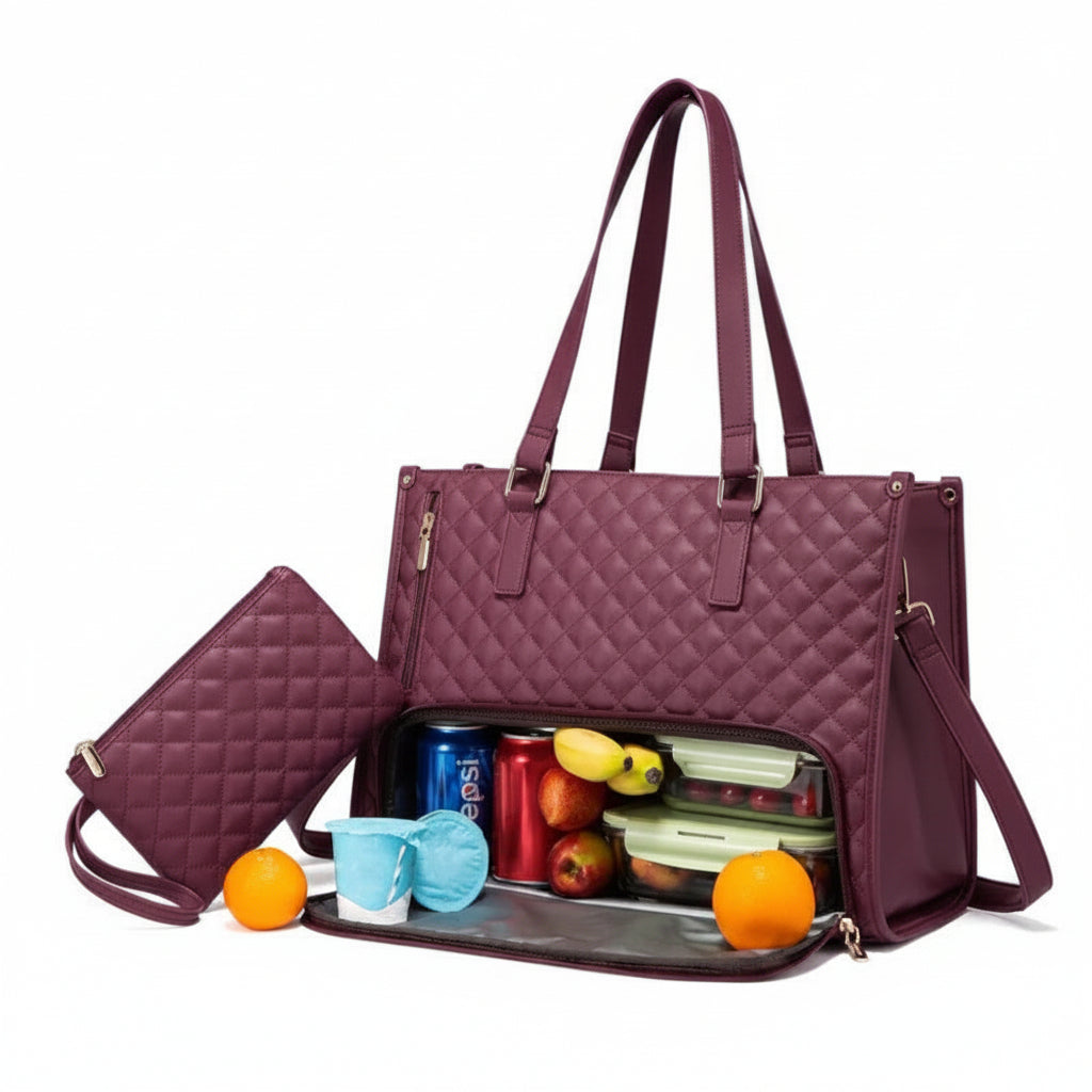 The Quilted Laptop & Lunch Tote Bag with Insulated Compartment & Clutch – Fits 15.6" Laptop, Water-Resistant Work & Travel Bag (Red Wine)
