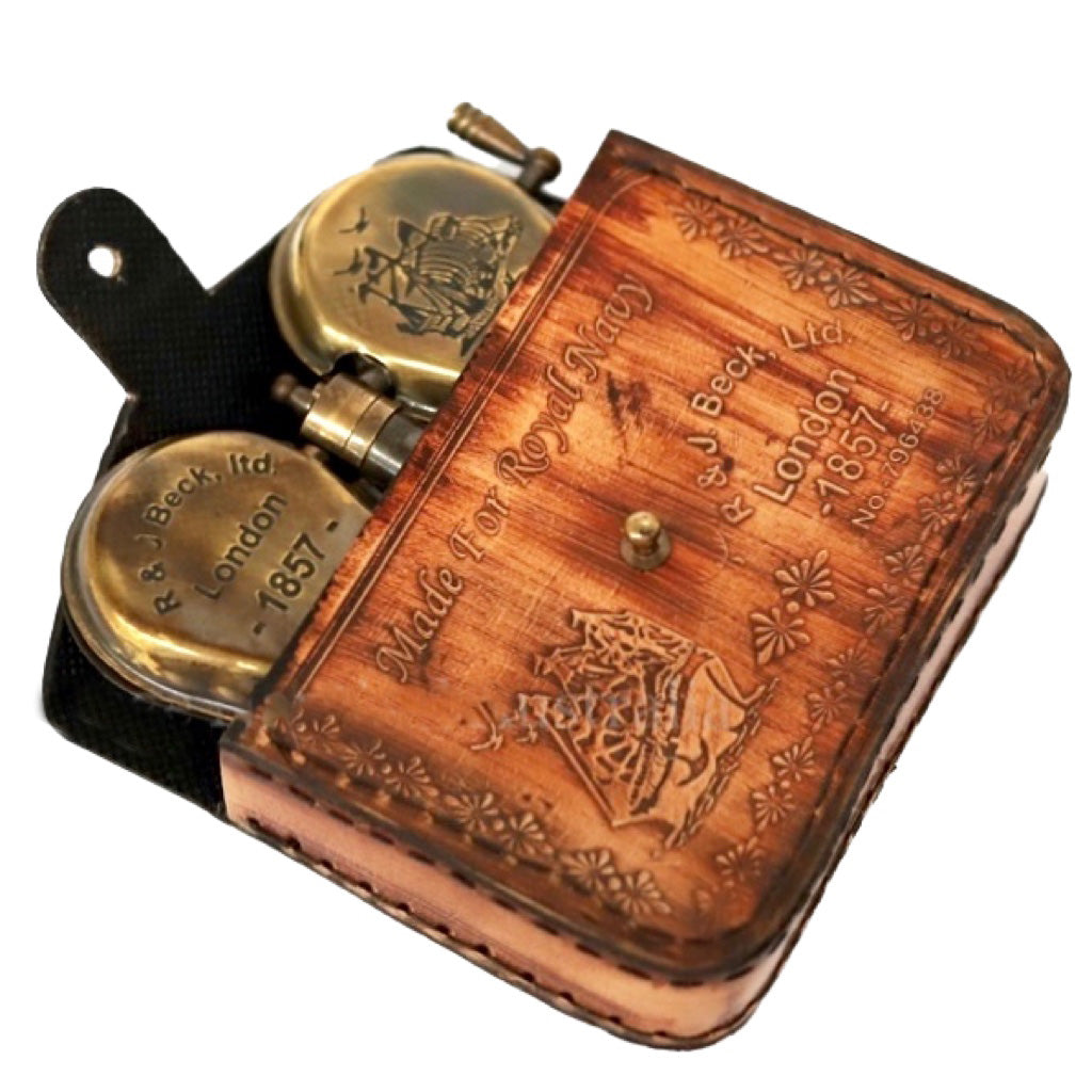 R & J Beck Folding Binocular Antique-Style Collectable with brass finish and a leather case, featuring inscriptions and embossed designs.