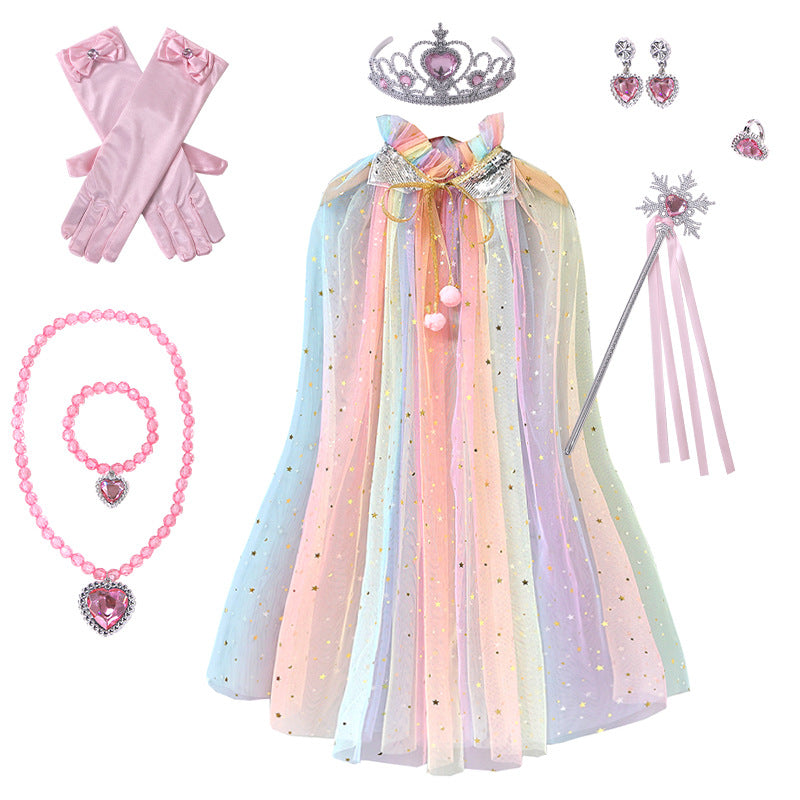 The Rainbow Princess Cape Set for Kids – Pink Star Tulle Cloak with Tiara, Wand, Gloves & Jewellery Costume
