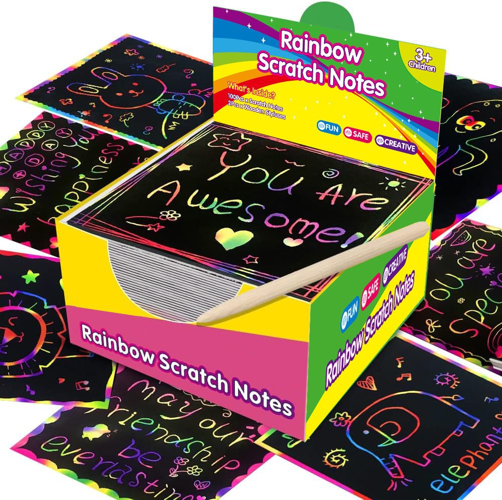 Box of Rainbow Scratch Notes with colorful designs on black background