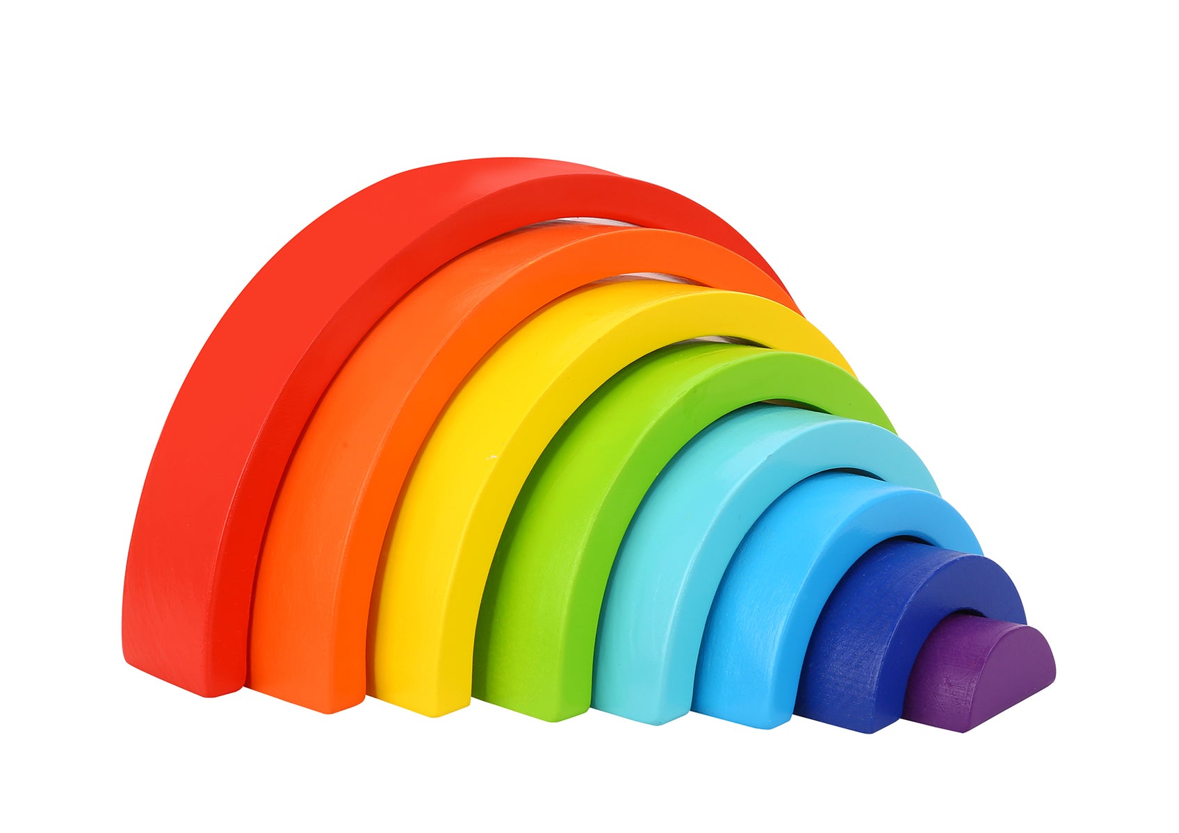 The Rainbow Stacker, a set of colourful wooden stackers in red, yellow, green, and blue, arranged in a rainbow pattern.