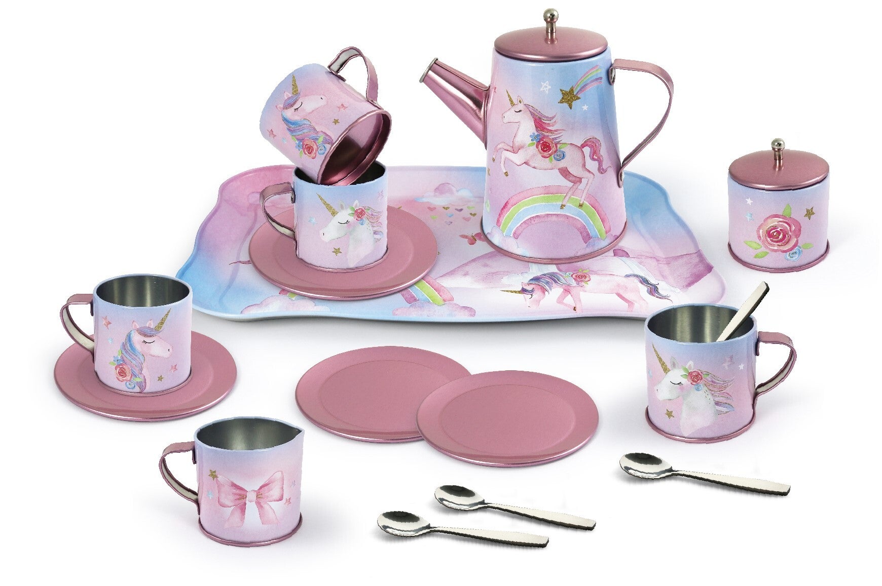 The Rainbow Unicorn Tin Tea Mug Set in Suitcase 18 PCS, a pink-coloured tin tea mug set with unicorn and rainbow designs, including a teapot, cups, and a creamer, presented with a suitcase packaging.