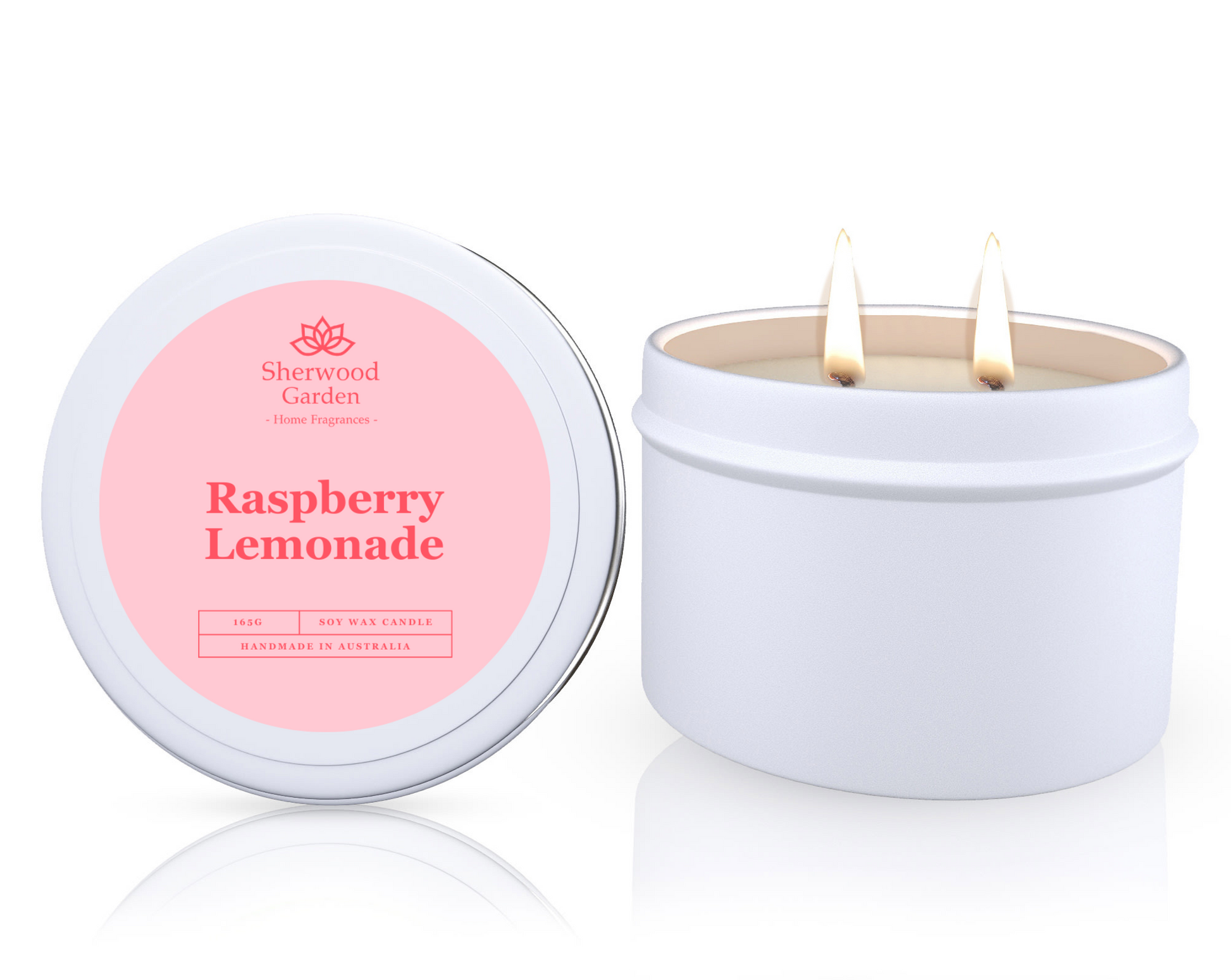The Raspberry Lemonade Soy Candle Tin 165g, featuring a candle in a white tin labeled 'Raspberry Lemonade' by Sherwood Garden on a white background
