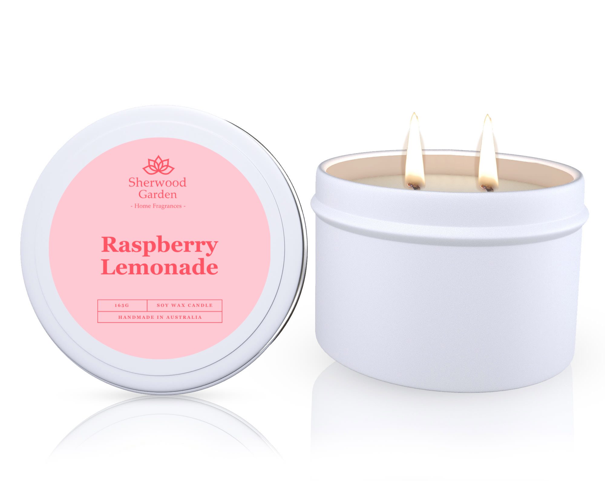 The Raspberry Lemonade Soy Candle Tin 165g, featuring a candle in a white tin labeled 'Raspberry Lemonade' by Sherwood Garden on a white background