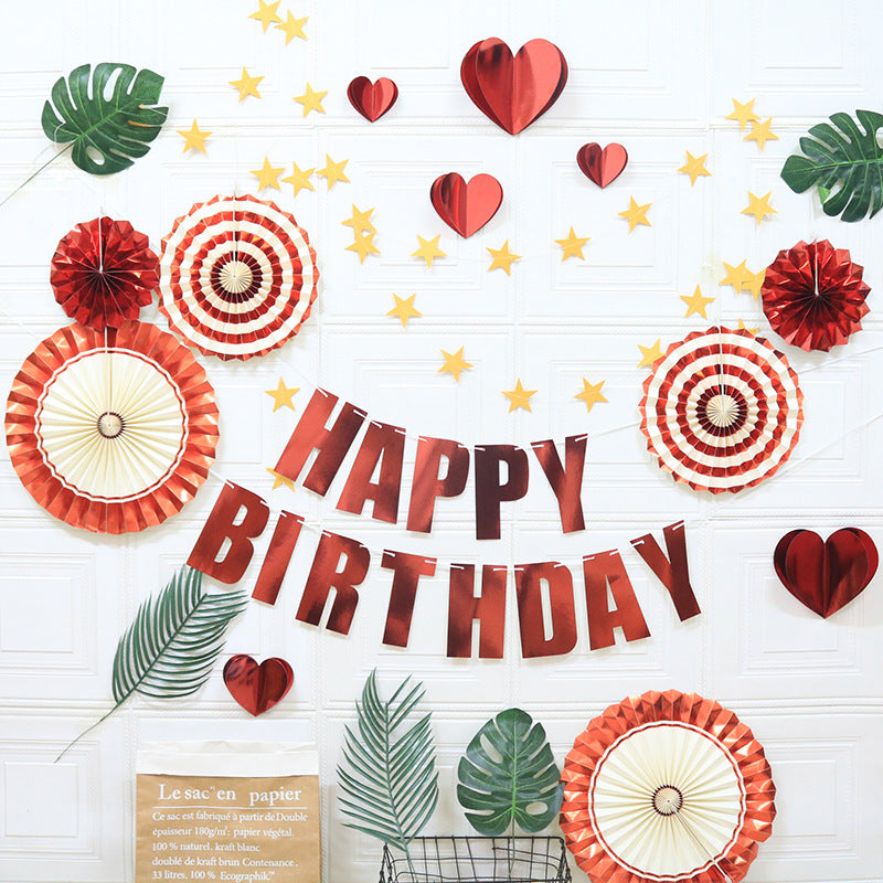The Red & Gold Birthday Decorations Set – Happy Birthday Banner, Paper Fans, Heart & Star Garland Party Kit perfect for festive, playful celebrations.